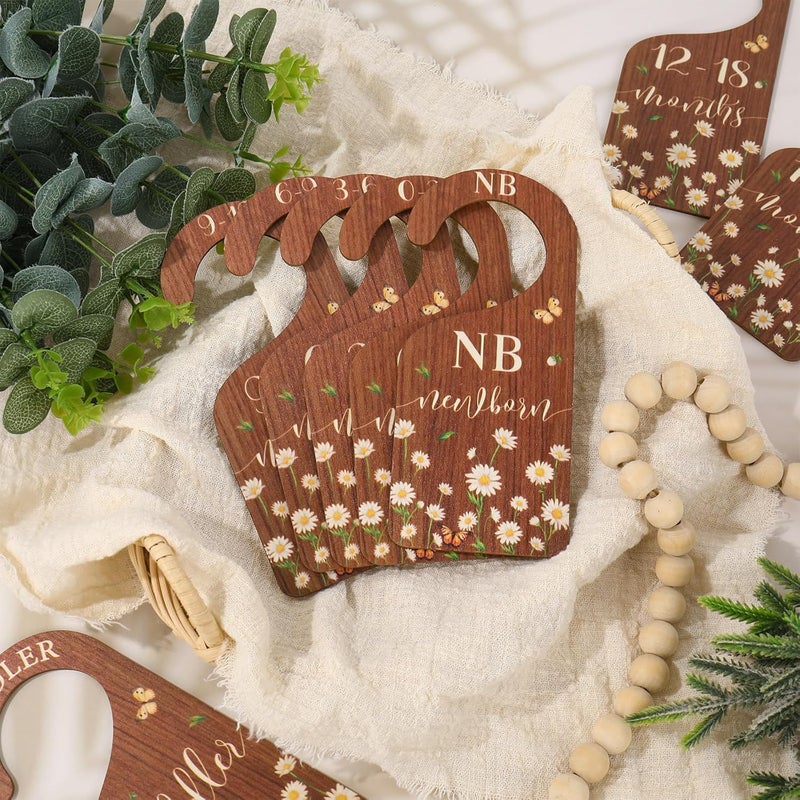 Whaline 8Pcs Daisy Baby Closet Size Dividers Hanging Wooden Baby Closet Organizers Newborn to Toddler Rustic Floral Butterfly Infant Wardrobe Organizers for Home Nursery Bedroom - Image 4